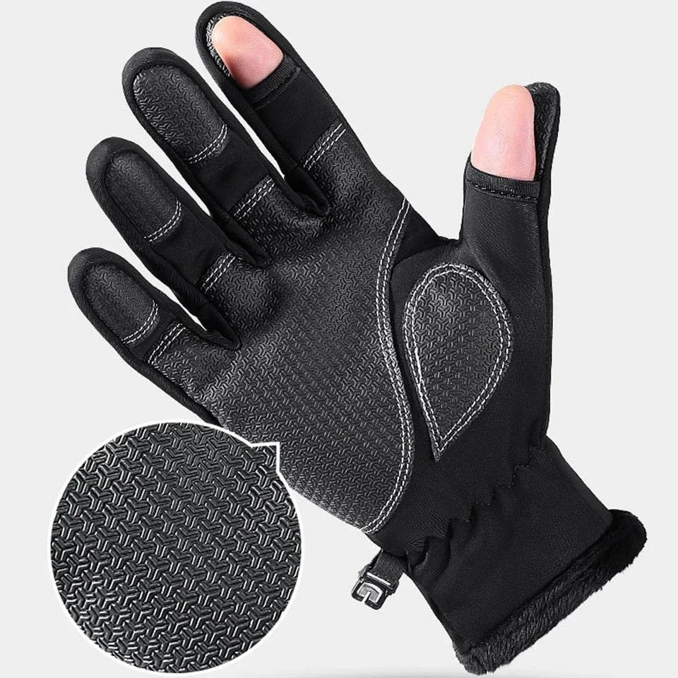 Gants de pêche imperméables d'hiver, 2 doigts, coupe-vent, pour femmes et hommes, Protection chaude en velours, gants de pêche au poisson