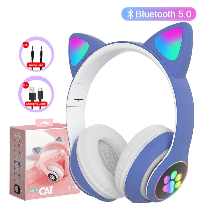 Lampe Flash oreilles de chat mignonnes, casque d'écoute stéréo bluetooth 5.0 avec Support de micro, carte TF, sans fil, pour enfants filles, cadeau d'anniversaire