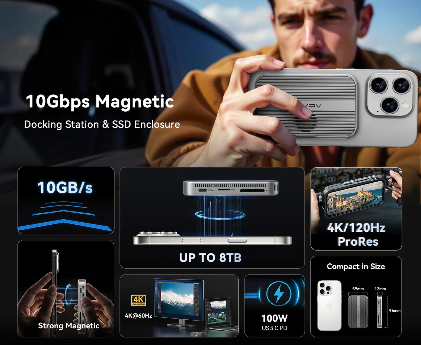 Boîtier SSD NVMe M.2 magnétique Acasis 10 Gbit/s et station d'accueil USB-C TF/SD 3.0 4K 60 Hz pour iPhone 17/17 Pro/iPhone 16/16 Pro