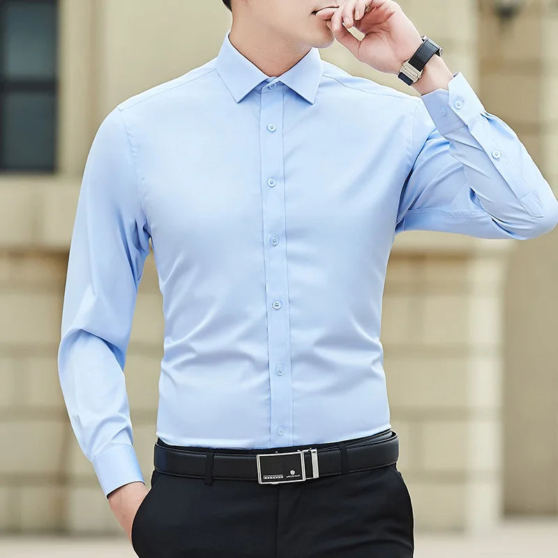 Camisa de vestir de manga larga para hombre, talla grande, color liso, moda clásica, básica, informal, entallada, blanca, ropa de marca, nueva colección