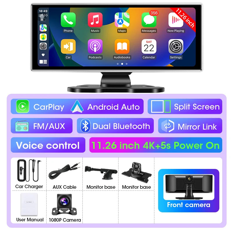 4K Car DVR Dash Cam 11.26" Dual Lens Wireless Carplay Android Auto Video Recorder GPS Navigation Monitor 5G Wifi FM AUX