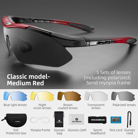 Lunettes de soleil sport cyclisme polarisées — route, VTT, équitation, protection, 5 lentilles