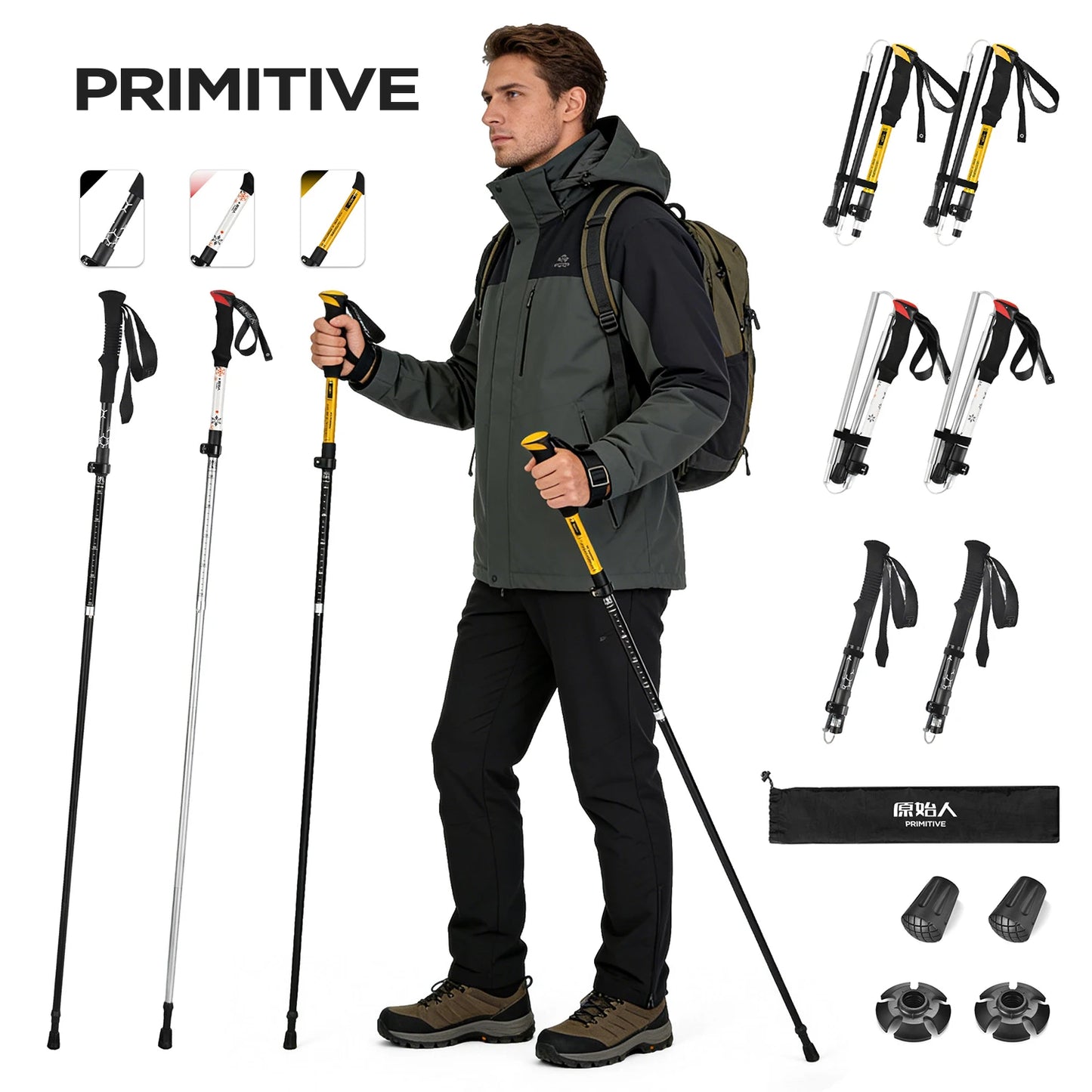 PRIMITIVE Bâtons de randonnée ultralégers pliables pour le plein air, bâtons de trekking, bâtons de randonnée télescopiques à verrouillage rapide, en alliage d'aluminium