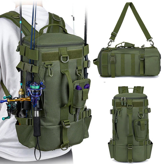 Sac à dos de pêche tactique, sac de matériel avec porte-canne, rangement d'équipement de poisson Molle Camping randonnée sac multifonctionnel en plein air