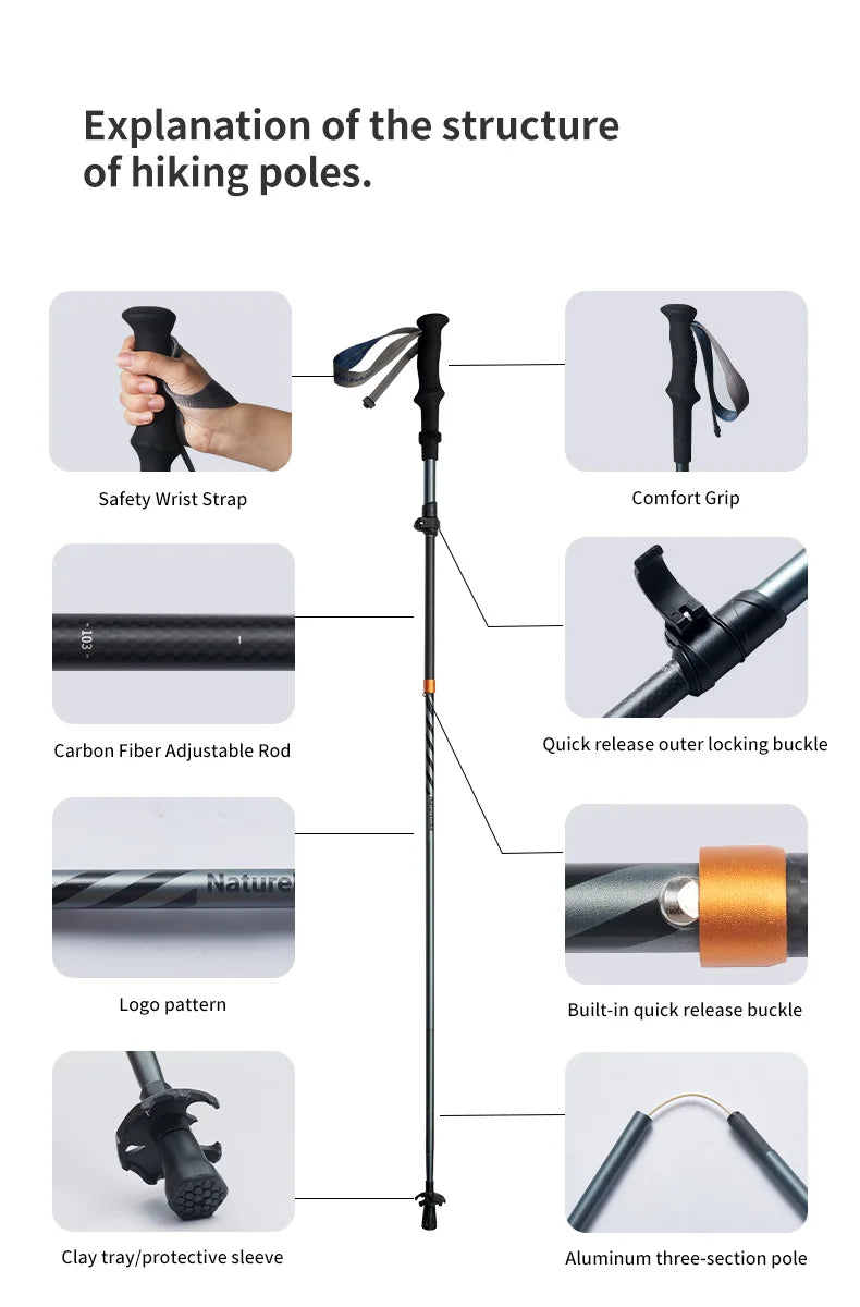Naturehike – bâtons d'escalade ultralégers, pliables, pour l'extérieur, en Fiber de carbone, à verrouillage rapide