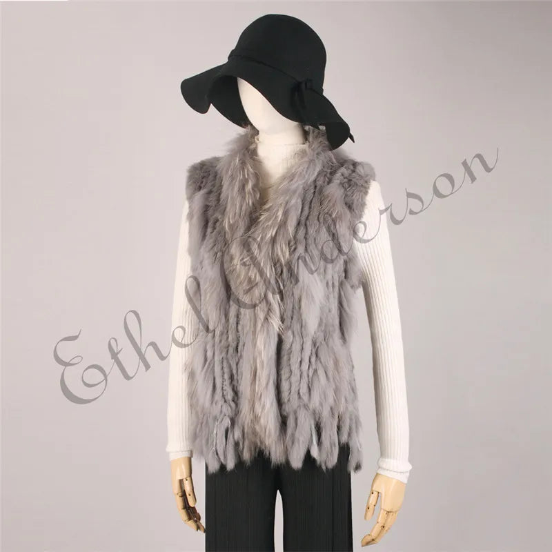Gilet à glands en véritable fourrure de lapin tricoté — vintage, garniture fourrure raton laveur
