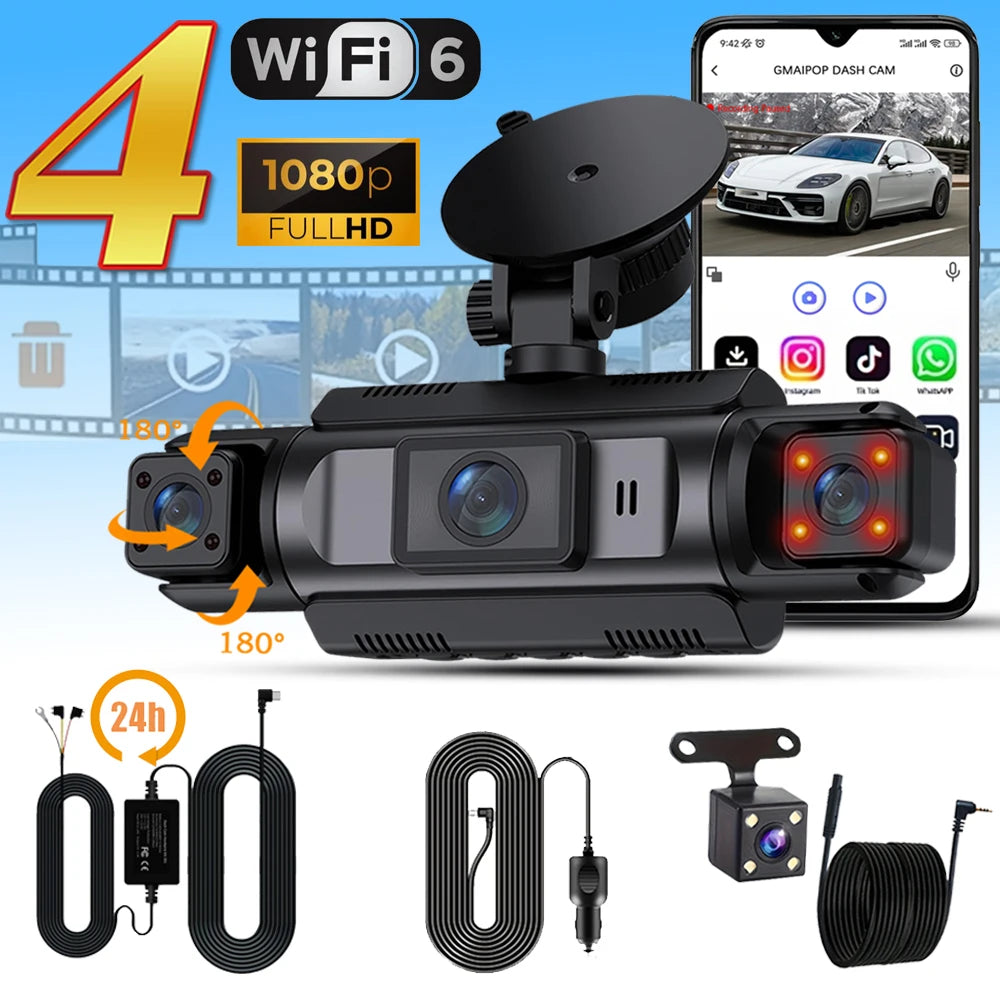 Dashcam WiFi 4 Canaux 1080P Boîte Noire — Avant Gauche Droite Arrière Vision Nocturne