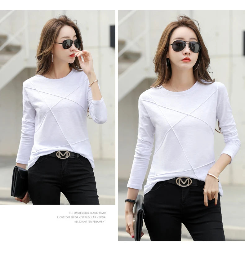 2026 printemps à manches longues femmes col rond bambou coton T-Shirt élégant ample côtelé mode T-Shirt dames Simple hauts