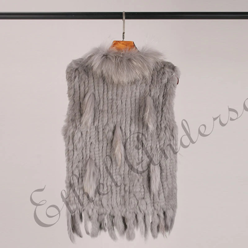 Gilet à glands en véritable fourrure de lapin tricoté — vintage, garniture fourrure raton laveur