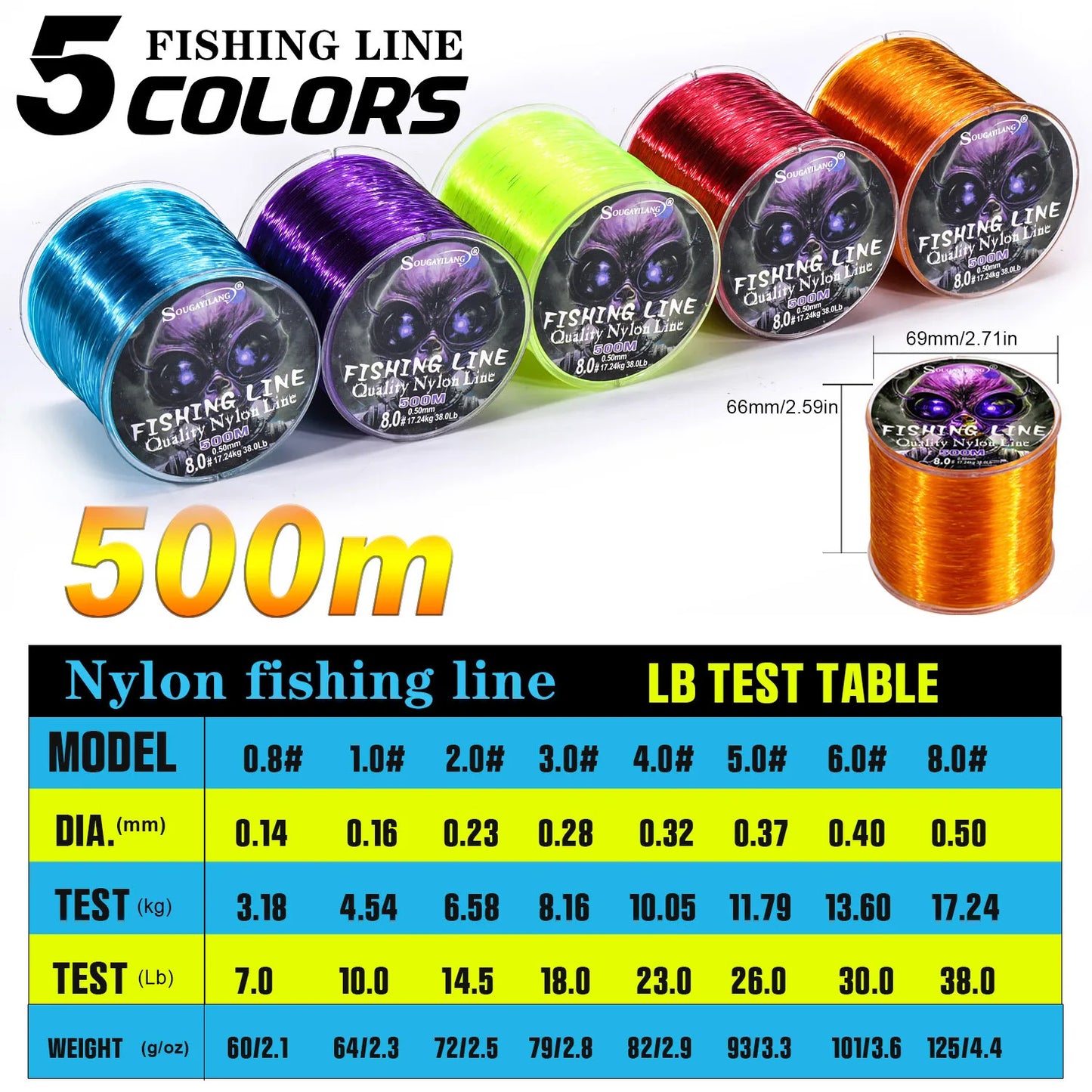 Sougayilang ligne de pêche en Nylon ligne de pêche forte à la traction et résistante à l'usure capacité de 500m ligne de pêche en eau douce et salée