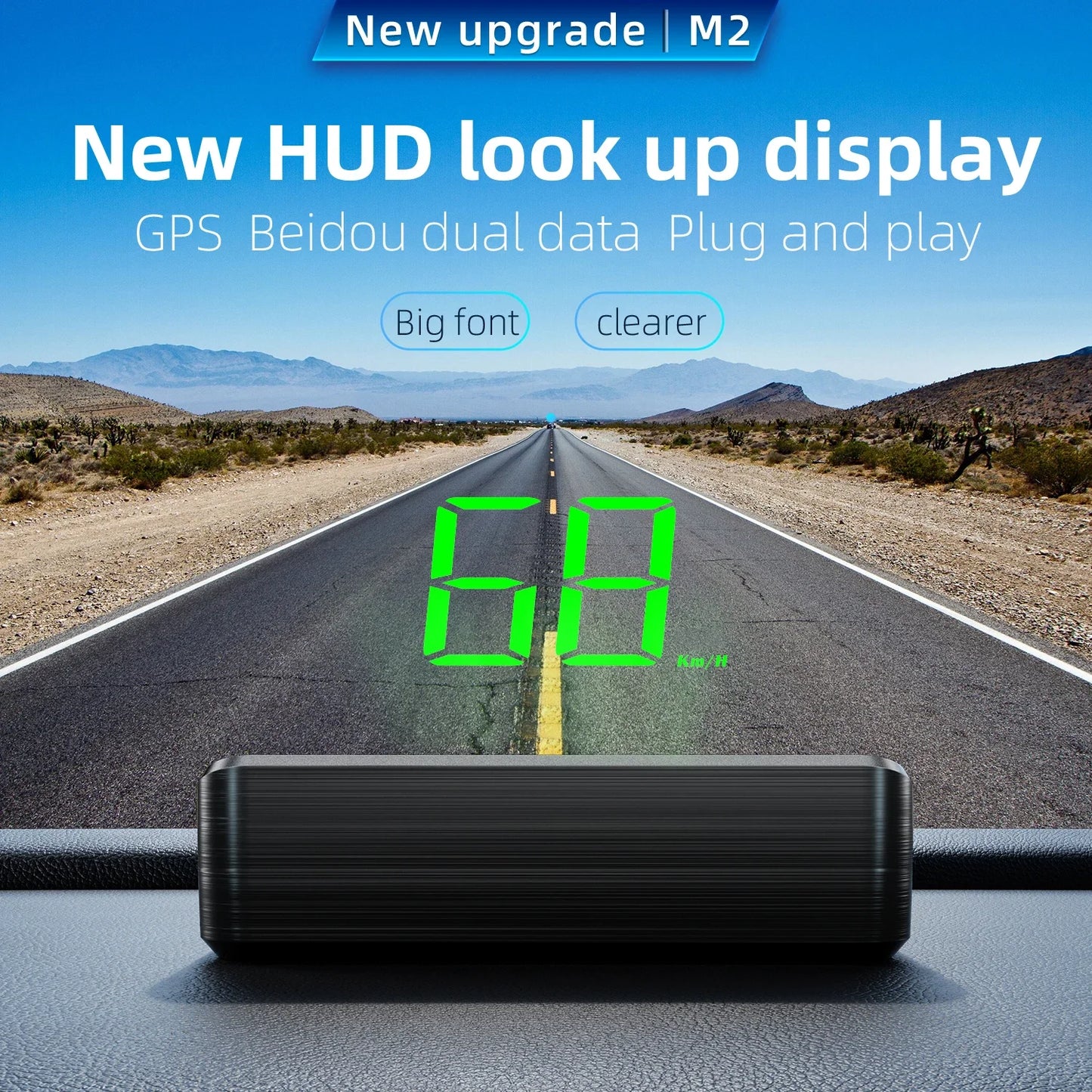 Velocímetro universal KMH M2 GPS HUD Pantalla frontal para coche Cable USB Plug & Play Sistema de doble satélite GPS y Beidou