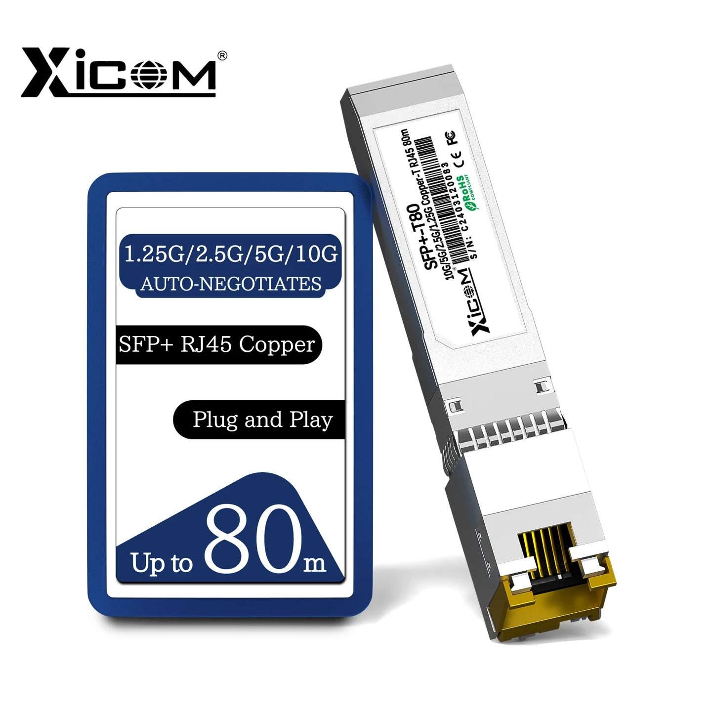 Module émetteur-récepteur SFP+ RJ45 en cuivre 10G — port 80M, compatible 10G/5G/2.5G/1.25G, commutateurs Ethernet