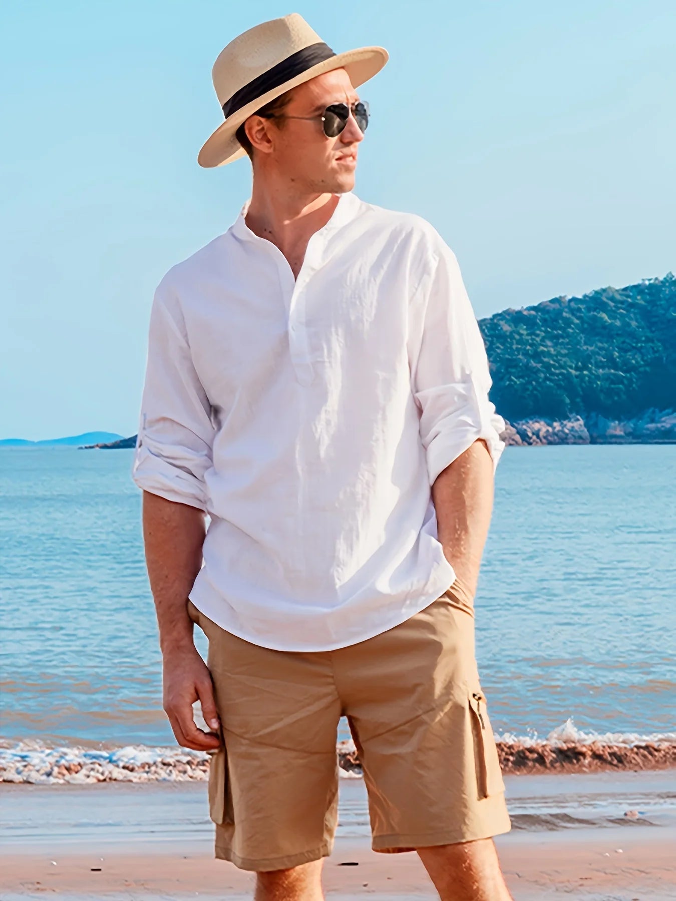 Men's Long Sleeve Linen Shirt, Casual Fashion, Stylish, Comfortable, Breathable, Men's Clothing