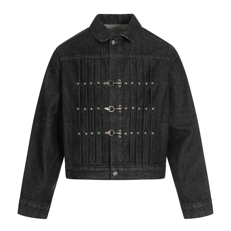 Chaqueta de mezclilla corta con hebilla de avión para hombres, con botones turquesa de moda Streetwear Hip Hop, chaqueta de mezclilla unisex para primavera y otoño, abrigo de vaquero