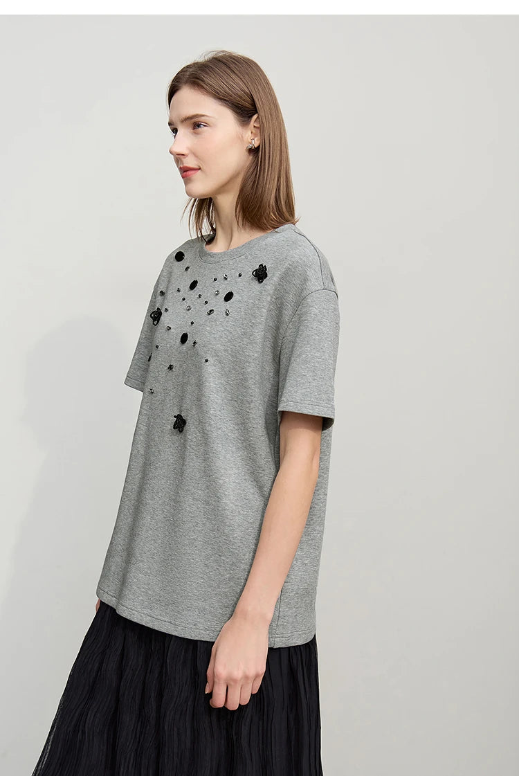 T-shirt femme 2026 — col rond, perle tridimensionnelle, fleur, diamant, tricot, ample