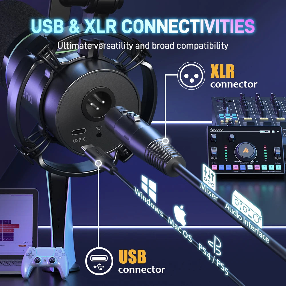 MAONO PD200X – Microphone dynamique XLR/USB avec bouton de gain et Tap-to-Mute pour gaming et streaming