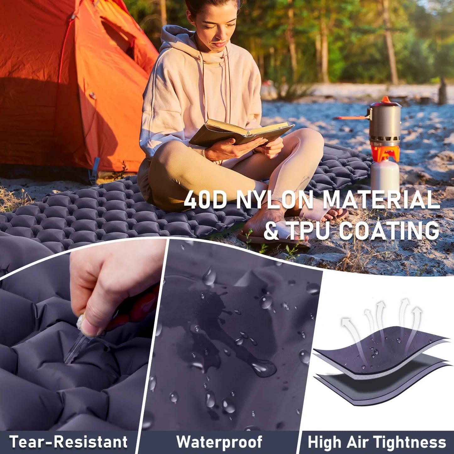 PACOONE – matelas gonflable de type presse pour Camping, imperméable à l'humidité, coussin de couchage d'extérieur, tapis d'air de plage, tente, coussin de voyage