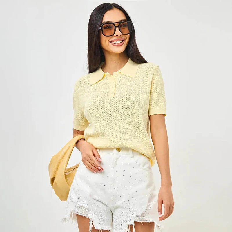 T-shirt femme en maille ajourée 2026 — manches courtes, décontracté, col à revers, tendance, uni