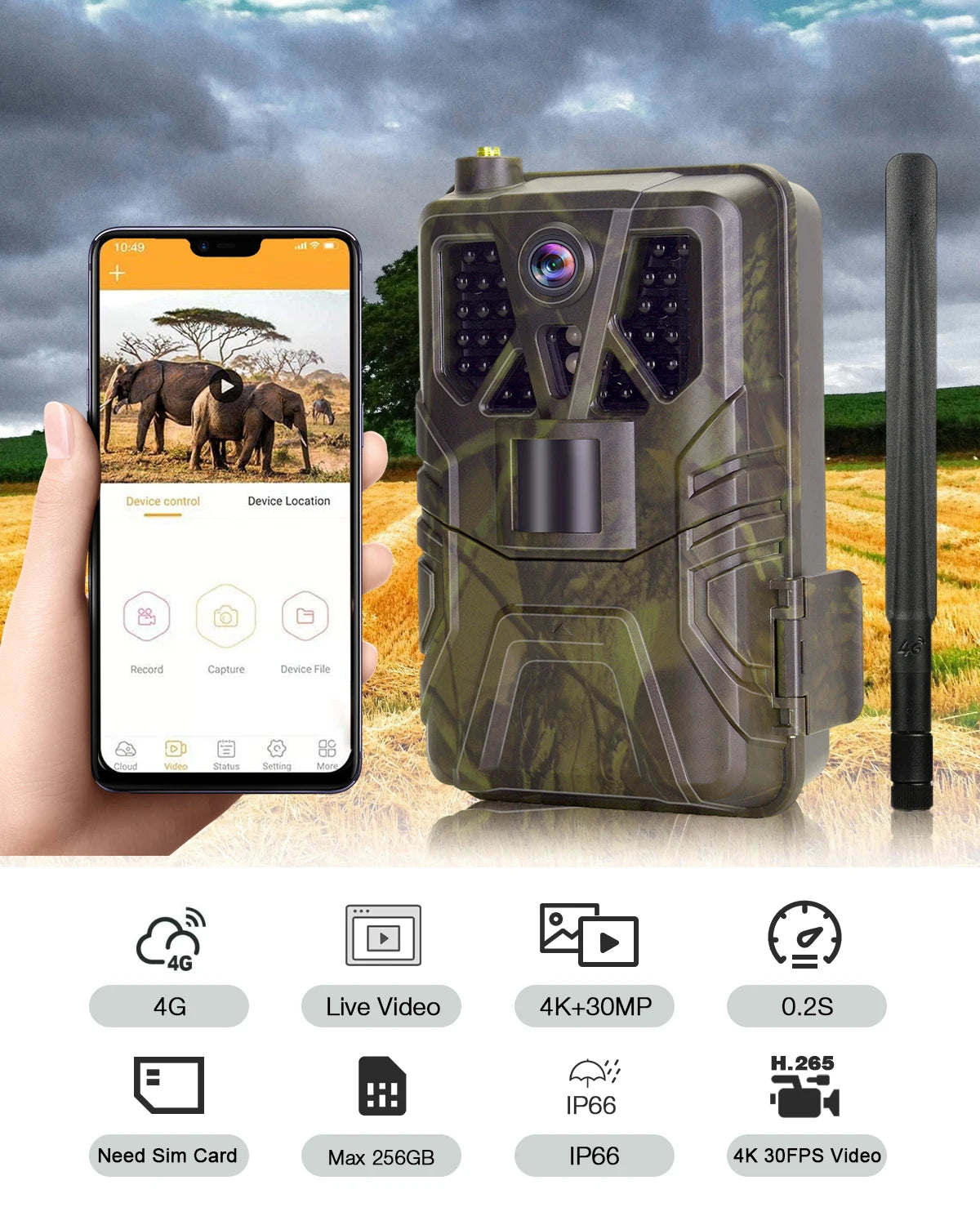 Caméra de chasse 4K 30fps avec contrôle par application, service cloud, 4G, 30MP, diffusion en direct, vision nocturne, piège photo pour la chasse sauvage HC910PRO