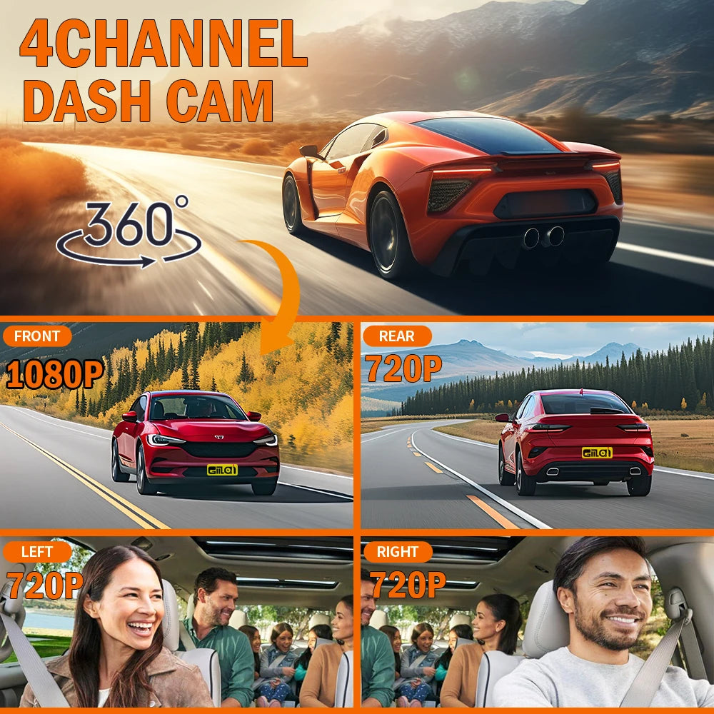 Dashcam 4 Canaux WiFi Boîte Noire — FHD 1080P Vision Nocturne Enregistrement Boucle