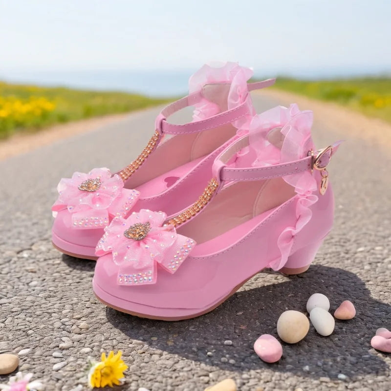 Sandales filles talon haut en cuir rose — boucle, sangle, nœud papillon, taille 26-37, chaussures enfant