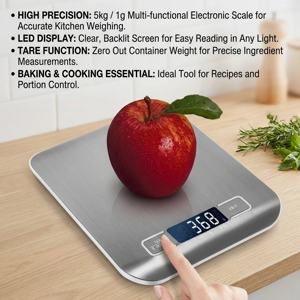 Balanza de cocina digital con pantalla LED de 5 kg/1 g de acero inoxidable, báscula de alimentos electrónica para joyas, aperitivos, hornear, herramientas de cocina
