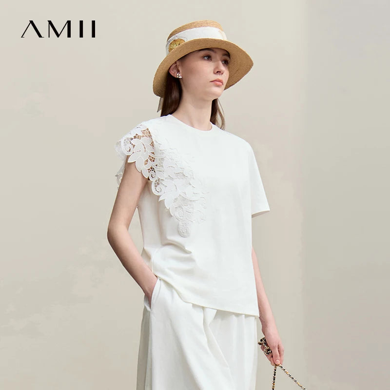 T-shirt femme 2026 été — col rond, coton, anti-transpiration, dentelle asymétrique, ample, manches courtes