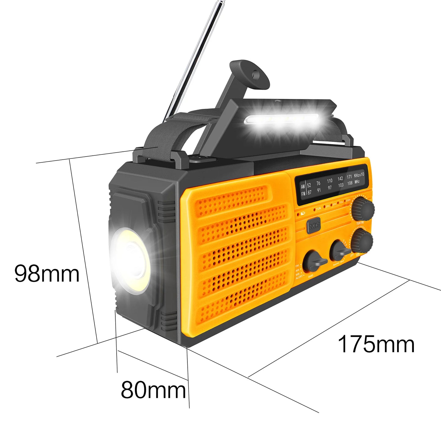 Radio météo d'urgence multifonctionnelle, FM AM WB, manivelle, charge USB solaire, batterie externe 2000mAh, lampe torche LED