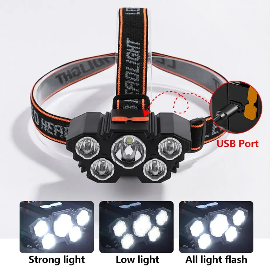 Lampe de poche à 5 LED, Rechargeable, avec batterie au Lithium intégrée, phare puissant, pour Camping, aventure, pêche, cyclisme