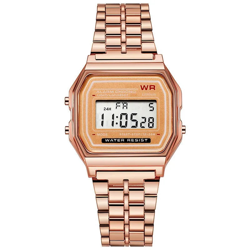 Montre Or Rose Numérique Rétro — Affichage Électronique Style Vintage