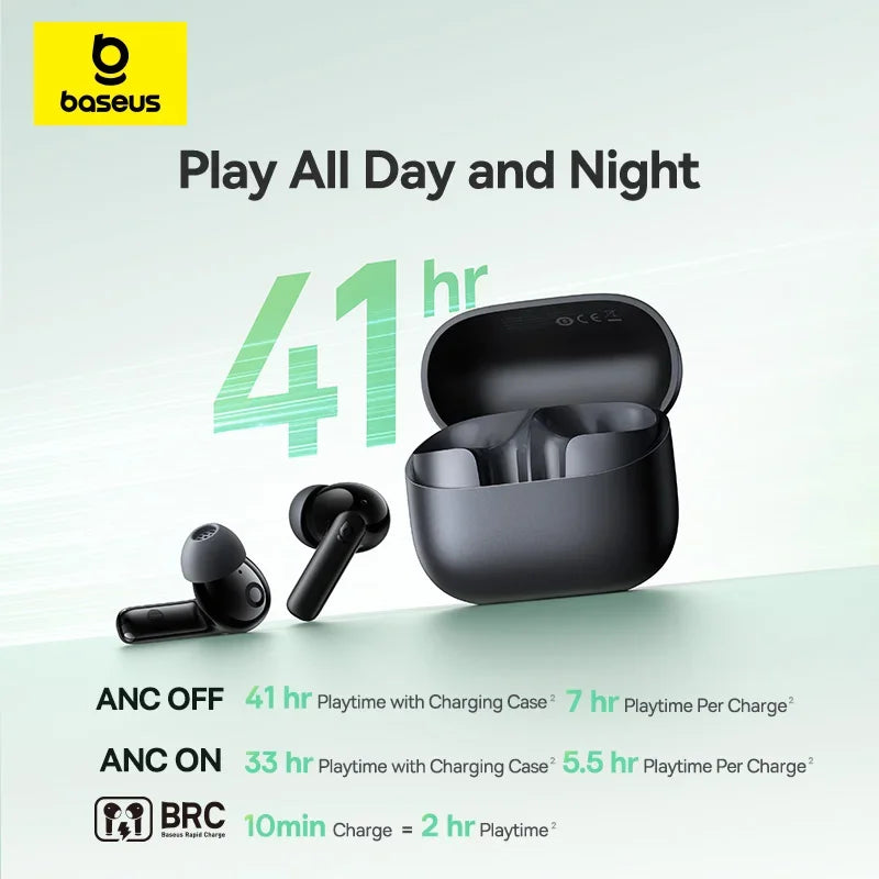 Baseus Bass EP10 NC -43dB Supresión de ruido ANC real Auriculares inalámbricos Bluetooth 6.0 Auriculares intrauditivos inalámbricos 4 micrófonos ENC Auriculares
