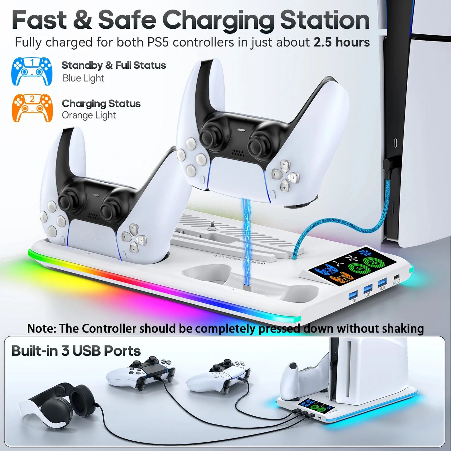 Stand for PS5/PS5 Slim/PS5 Pro, with Headset Hook, Cooling Stand and Controller Charging Station, with 3-Level Cooling Fan