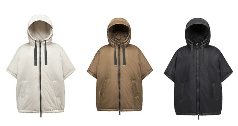Chaleco de mujer Schinteon camel tipo capa de plumas con capucha holgado sin mangas, chaleco sólido de moda, chaqueta de otoño invierno 2025 nuevo