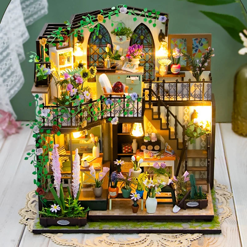 Wooden Dollhouse, Garden Model, 3D Puzzle, Assemble Building Kits, Toys, Bedroom Decor with LED Lights, Dollhouse Gift, DIY