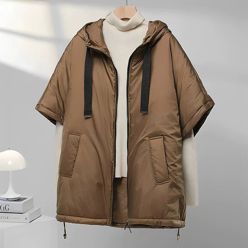 Chaleco de mujer Schinteon camel tipo capa de plumas con capucha holgado sin mangas, chaleco sólido de moda, chaqueta de otoño invierno 2025 nuevo