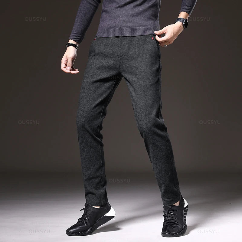 Pantalones casuales de hombre, corte ajustado, cintura elástica, elásticos, de algodón grueso, gris y negro, estilo negocios, nueva colección primavera