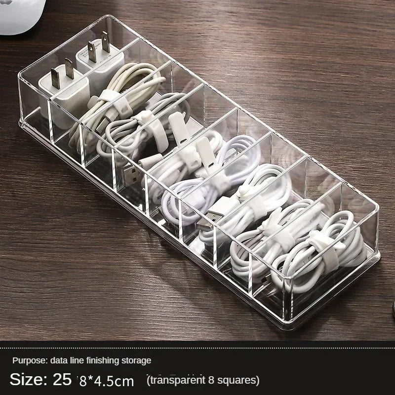 Clear Plastic Data Cable Storage Box, Household Cable, Mobile Phone Charger, Charging Cable Finishing Box, Divided Grid Box