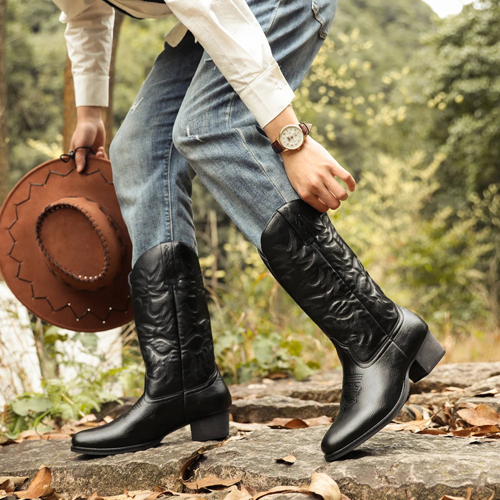 Mioeert Men's Heritage Round Toe Wooden Heel Embroidered Western Cowboy Boots Zapatillas Hombre Luxury Men's Shoes