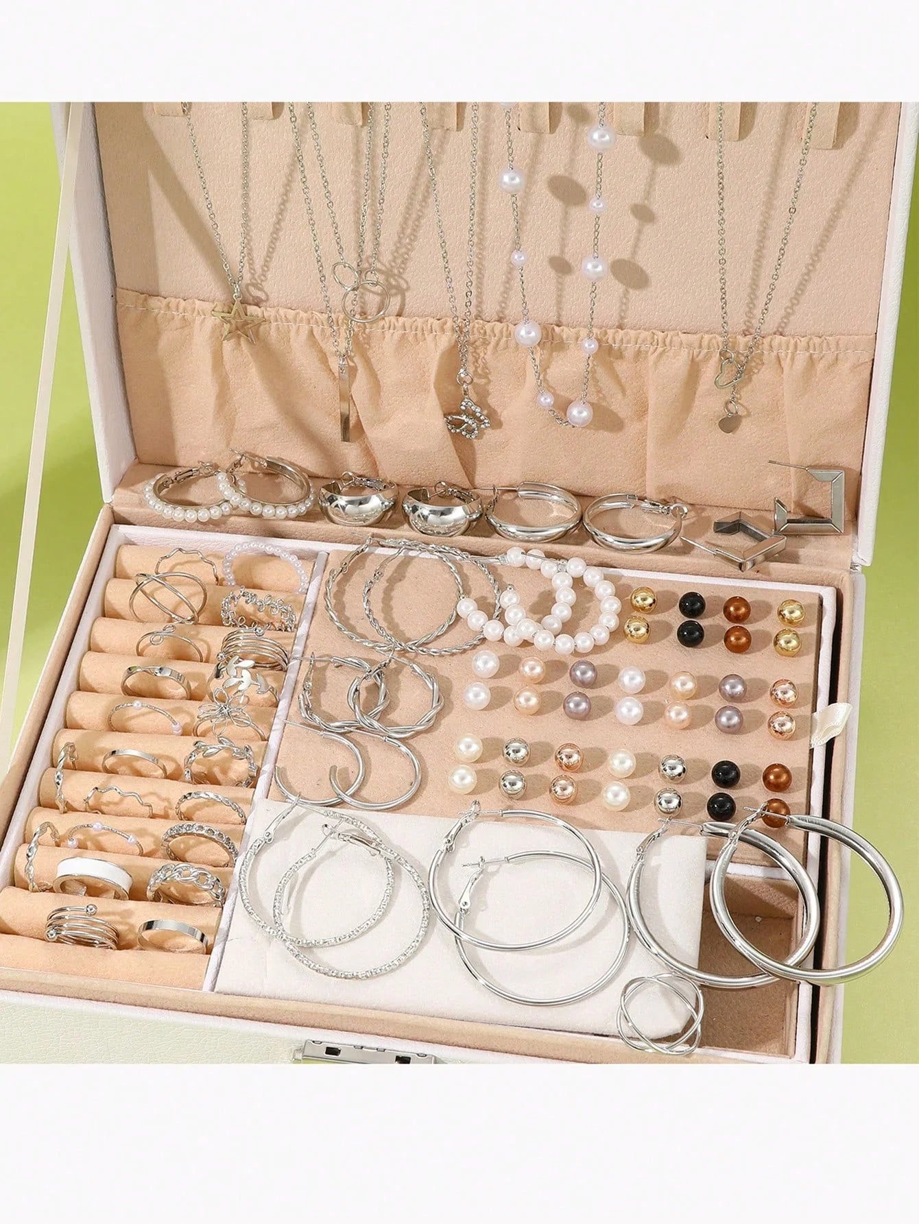 86 Pcs/Set Elegant Pearl Earrings Multilayer Necklace Stud Earrings Rings 4-in-1 Jewelry Set for Women Daily Use Gift (No Box)