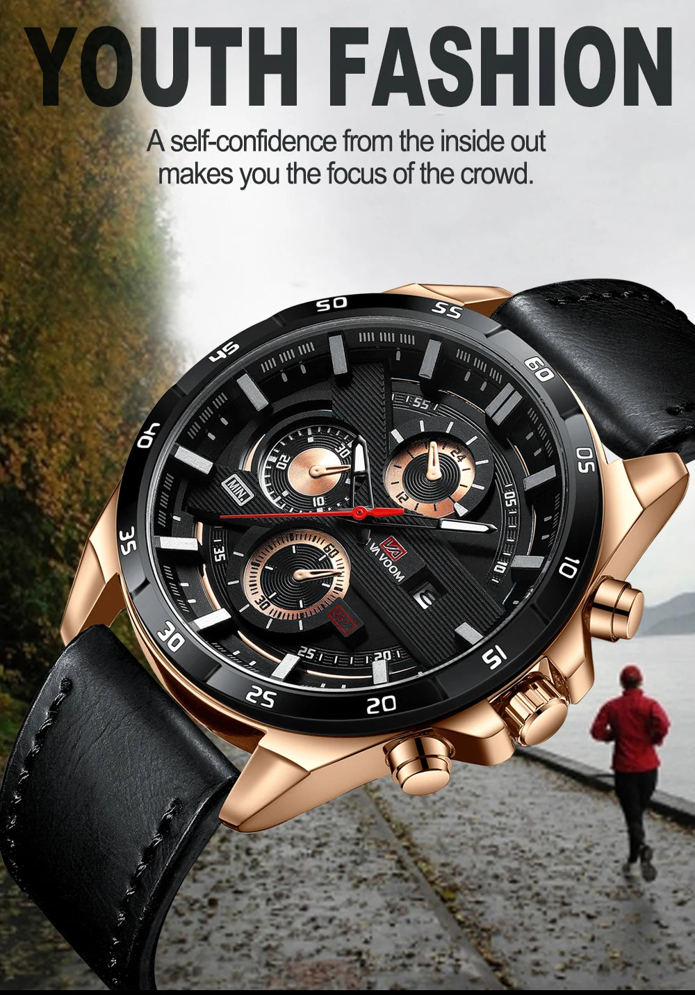Montres de sport pour hommes, série de course de mode, 46mm, horloge en cuir noir VA VA VOOM, mouvement à Quartz 3Bar, montre-bracelet étanche pour hommes