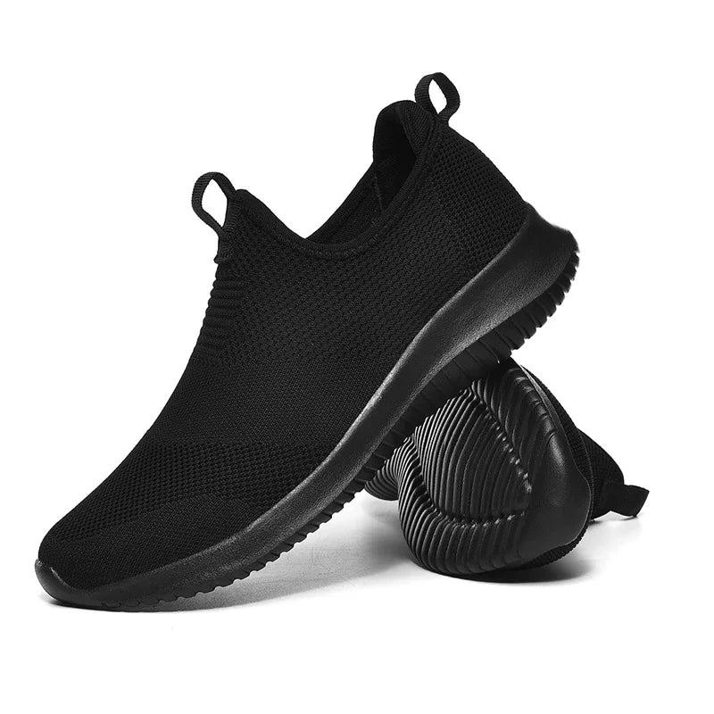 Men's Lightweight Flyknit Mesh Trainers, Casual Laceless Walking Shoes, Flat Sneakers, Large Sizes