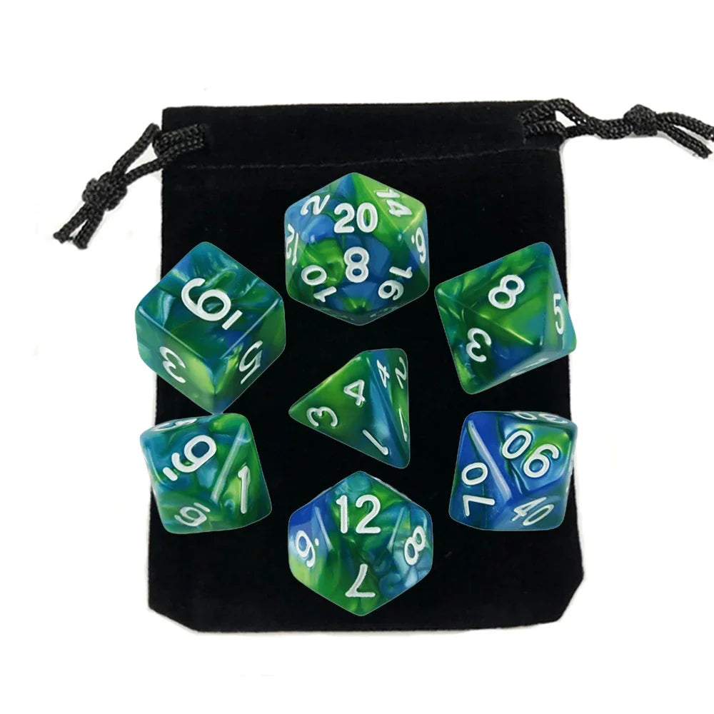 Dés polyédriques avec sac — jeu de société, jeu de rôle, d4, d6, d8, d10, d12, d20, 7 pièces