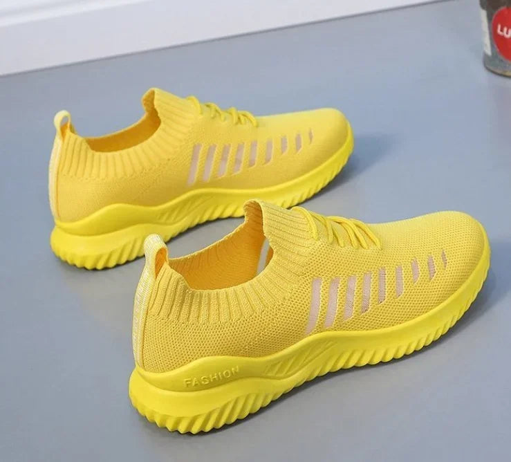 Baskets d’Été Femme Course — Tennis Maille Légère Blanc Rose Jaune