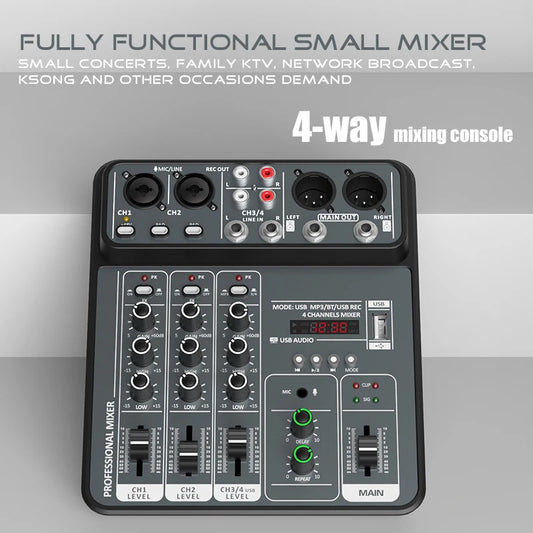 Mélangeur Audio DJ 4 Canaux USB Bluetooth — Console Mixage 48V Karaoké & Studio