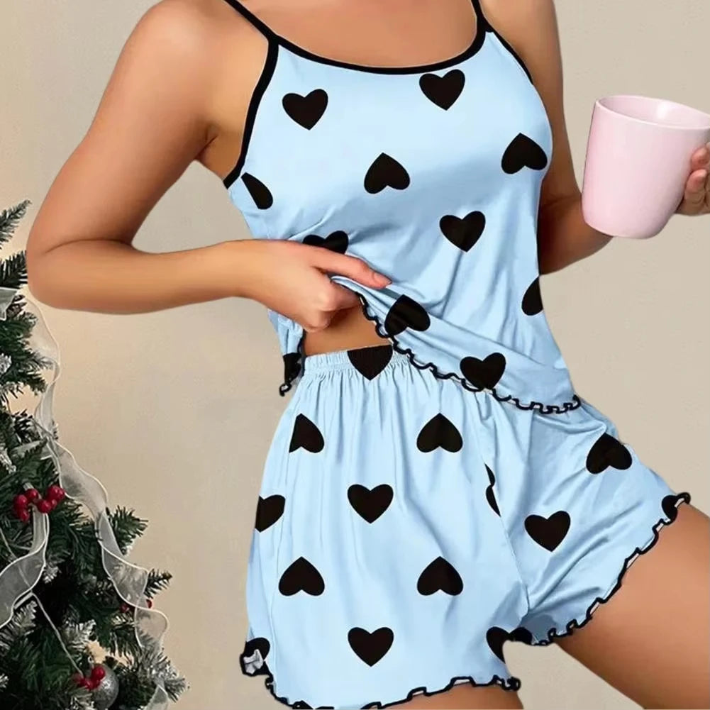 Women's Pajama Set, T-Shirts and Shorts, Pink Heart Print T-Shirt, Round Neck, Ice Silk Top, Comfortable and Casual, Summer