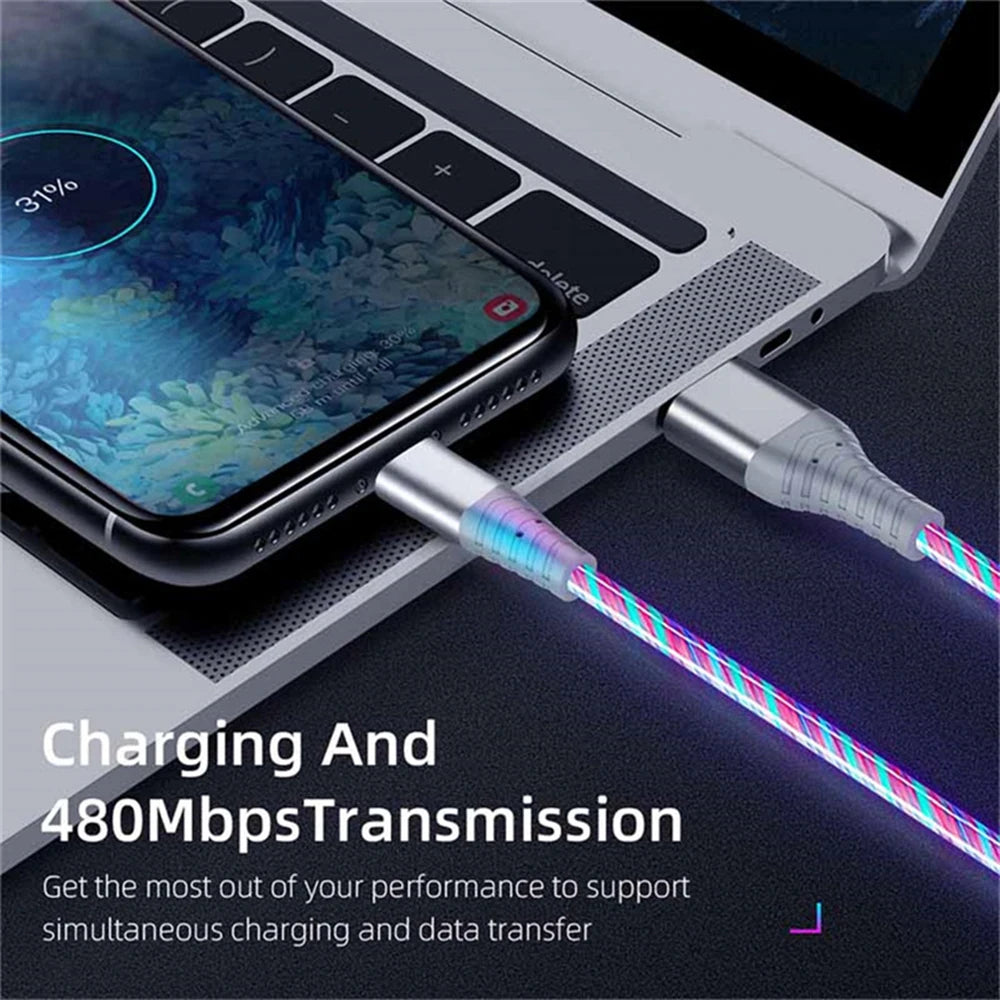 Câble USB Lumineux 7A — Charge Rapide Micro USB & Type-C LED Streamer