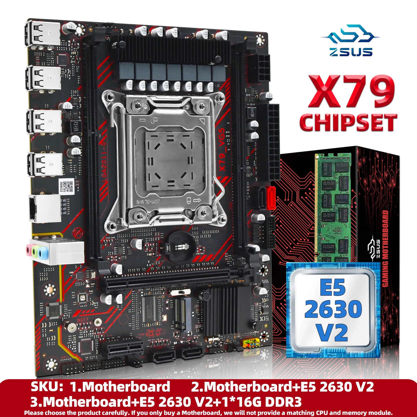 ZSUS X79 Kit de carte mère avec processeur Intel LGA2011 Xeon E5 2630 V2 DDR3 1*16GB ECC RAM mémoire prise en charge M.2 NVME Slot