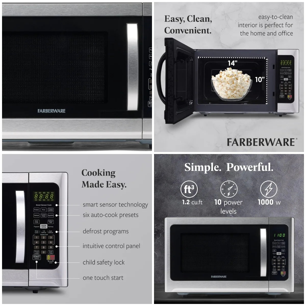 1,2 pies cúbicos. Horno de microondas de encimera – 1000 W de potencia, configuración de cocción automática inteligente, descongelación, fácil limpieza y bloqueo para niños