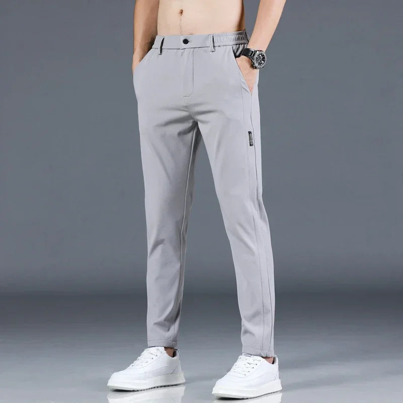 Pantalón fino de seda helada para hombre, elástico, informal, de cintura elástica, liso, ropa de marca, 5 colores, nueva colección de verano 2024