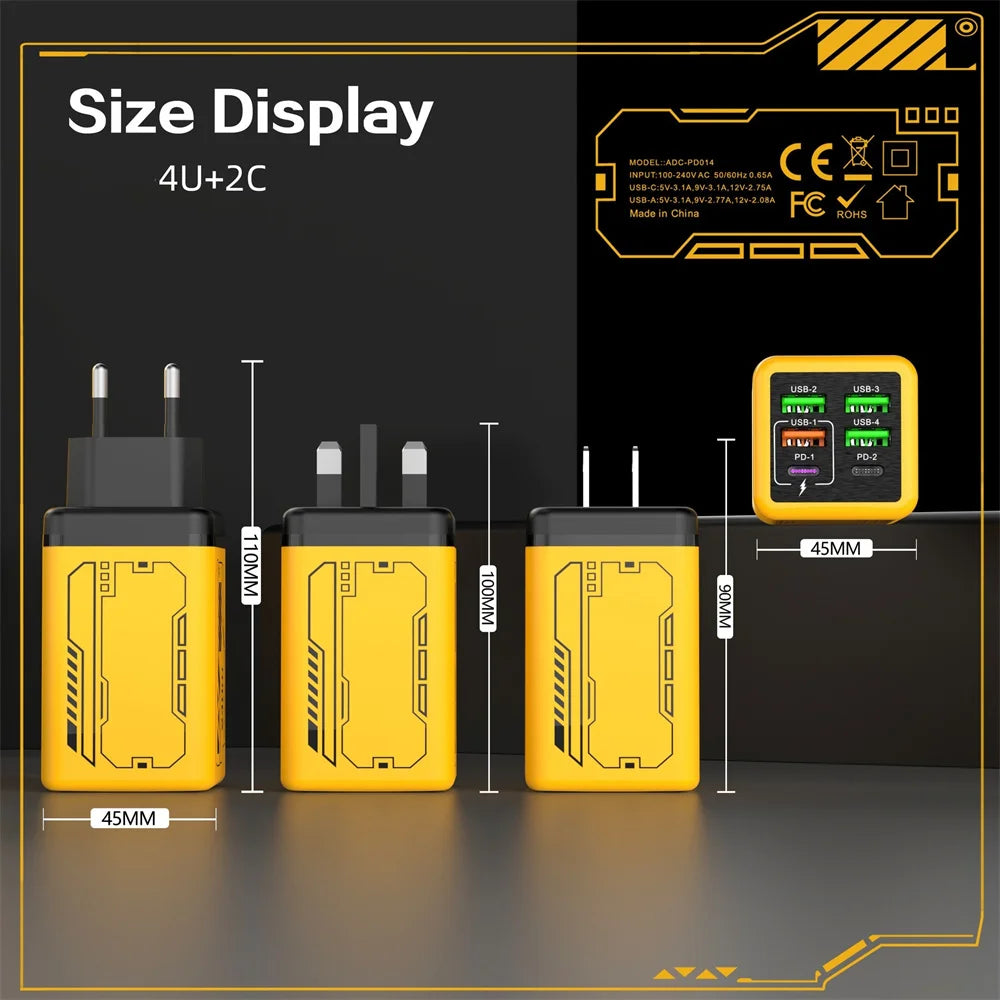 Chargeur USB 240W 6 ports charge rapide — adaptateur mural de voyage, prise EU/US/UK, Type C PD